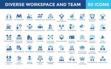 Naklejka premium Diverse workspace and team icon set with distributed teams, collaboration tools, flexible work arrangements, team productivity, freelancing, remote project management icon. Simple flat vector 