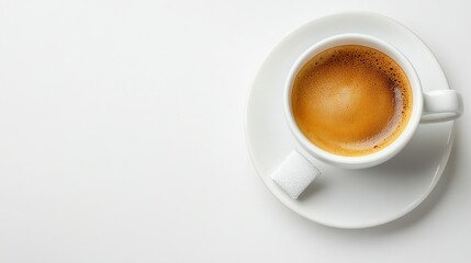 Naklejka premium Top view of a classic Italian espresso with a sugar packet, with ample copy space on a clean white background.