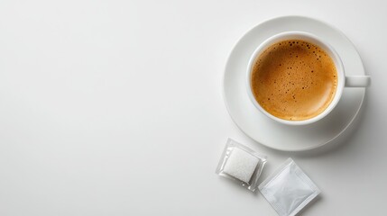 Fototapeta premium Top view of a classic Italian espresso with a sugar packet, with ample copy space on a clean white background.