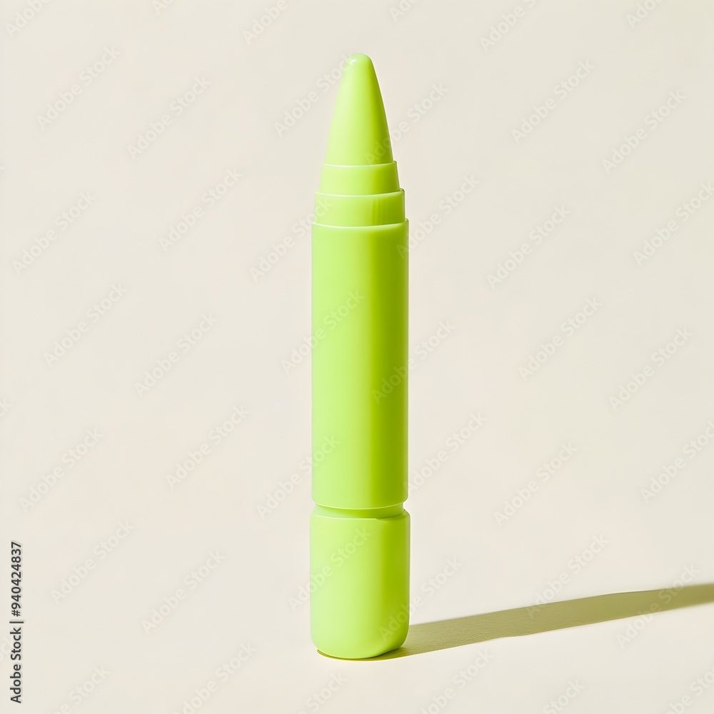 Poster a photograph of a green highlighter standing upright at the center isolated on a light background th