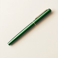 A simple and elegant green pen holder lying flat at the center of a light colored surface creating a minimalist and modern still life composition