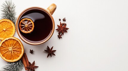 Top view of a German cup of hwein with spices, with ample copy space on a clean background.