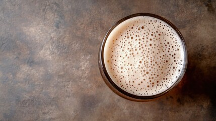 Top view of a German stein of beer with foam arranged with room .
