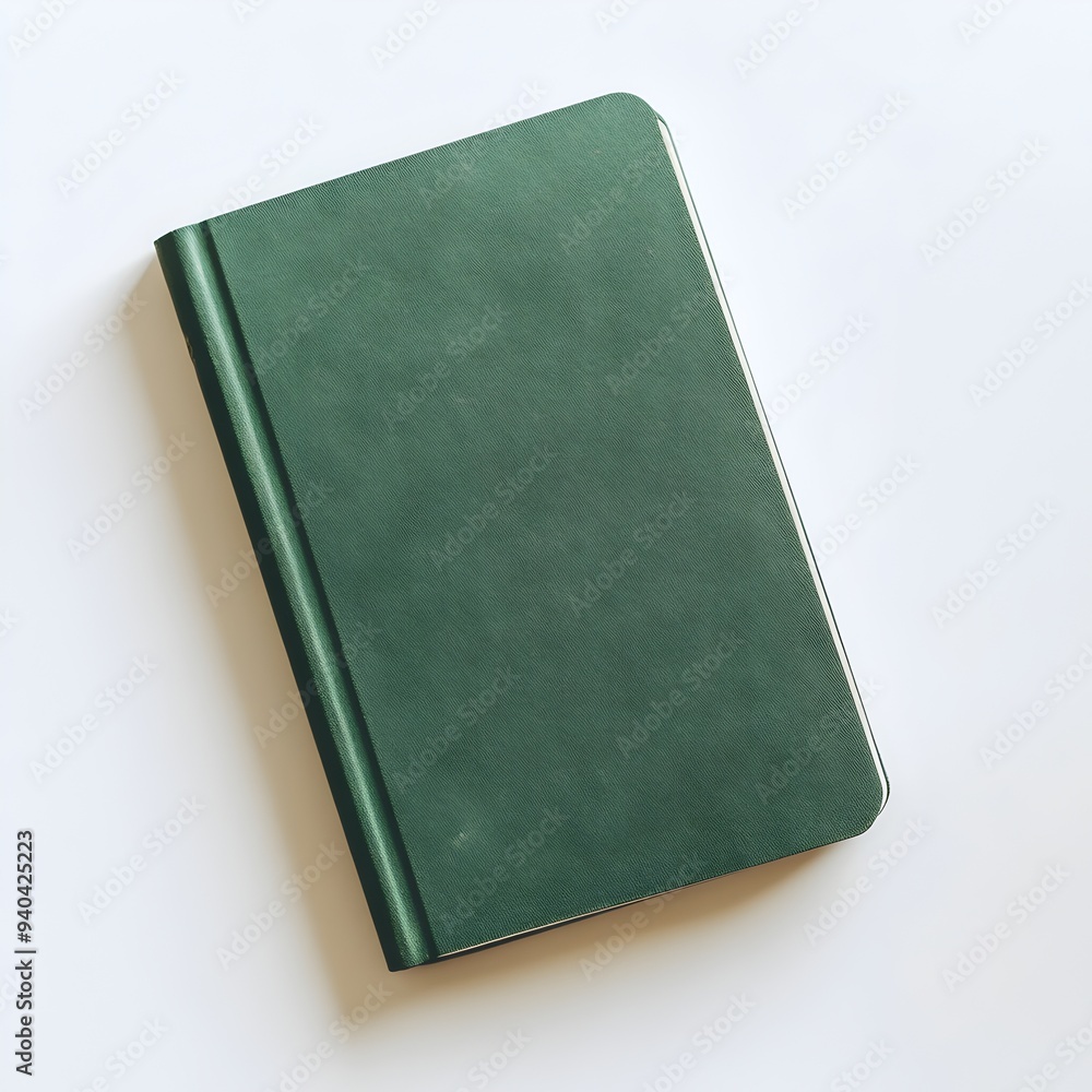 Poster a green notebook lying flat at the center of a white surface creating a minimalist and clean looking