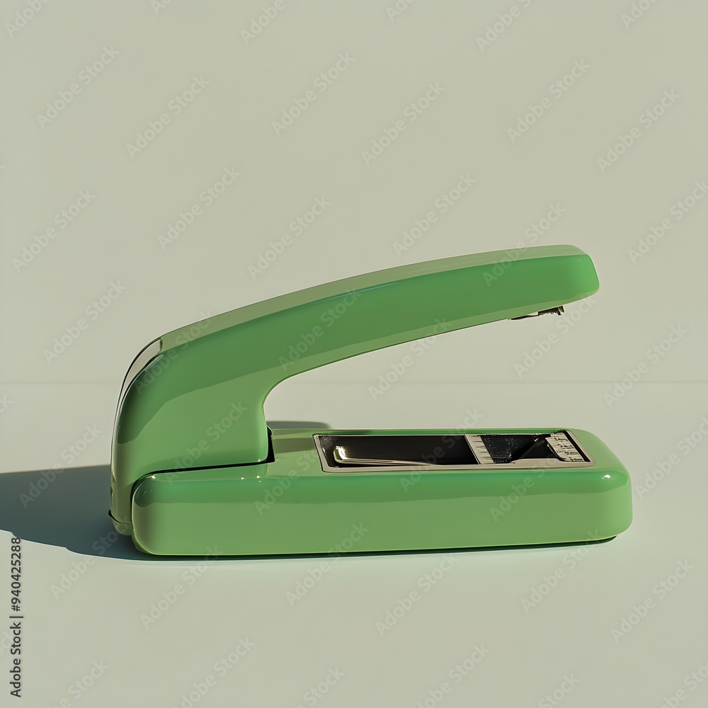 Poster a meticulously captured photograph showcasing a simple yet elegant green stapler centered on a plain