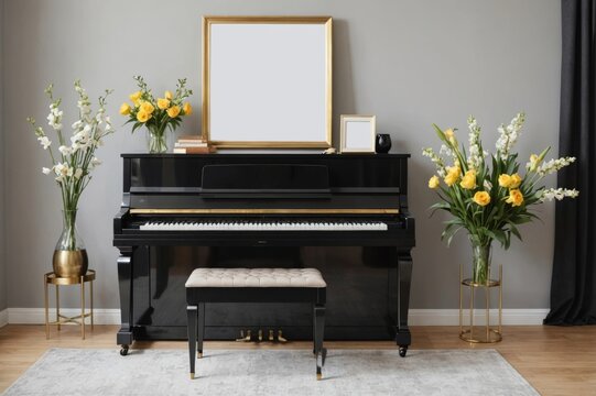 Elegant composition at living room interior with black piano, gold mock up poster frame, spring flowers, decoration, clock and stylish presonal accessories in modern home decor