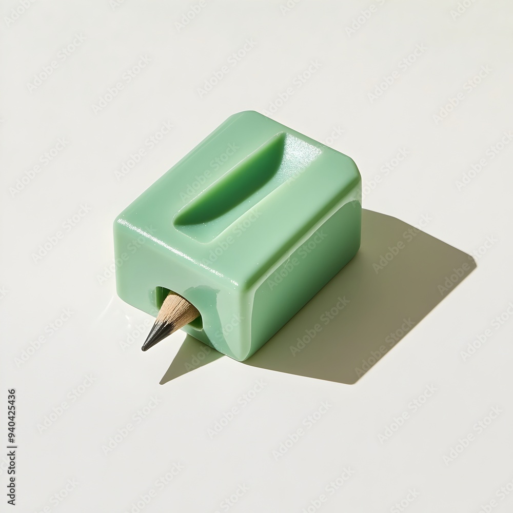 Poster a green pencil sharpener lying flat and centered on a light minimalist surface the simple clean desi