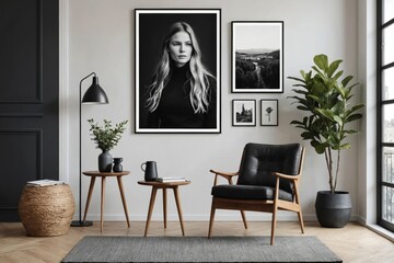 Stylish scandinavian composition of living room with design armchair, black mock up poster frame, commode, wooden stool, book, decoration, loft wall and personal accessories in modern home decor