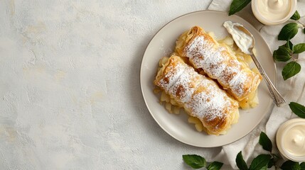 Top view of Austrian apfelstrudel with vanilla sauce, with ample copy space on a neutral background.