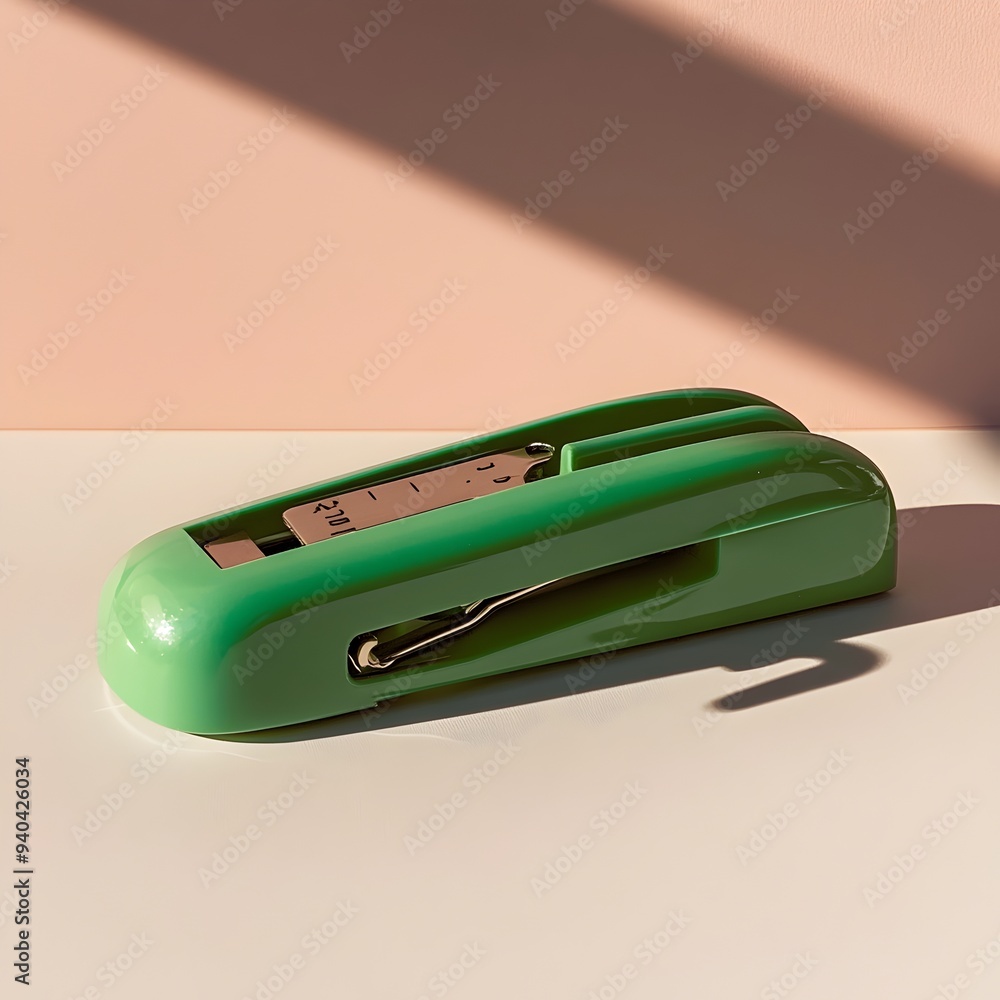 Poster close up photograph of a green stapler remover placed at the center of a light colored flat surface 