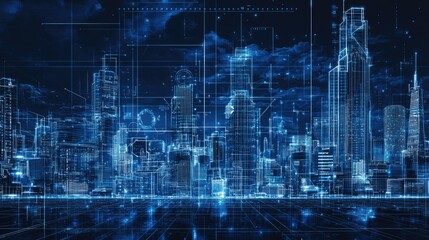 Futuristic cityscape with digital blueprints overlay