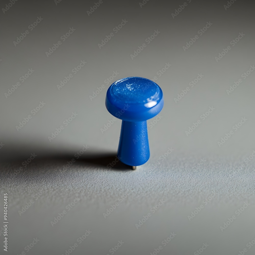 Poster a single blue push pin or thumbtack placed at the center of an empty plain white or gray background 