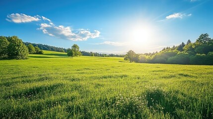 Obraz premium Lush green meadow under clear blue sky