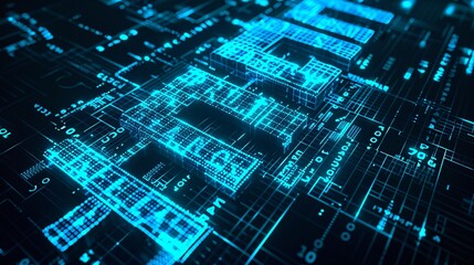 Obraz premium 4. Retro futuristic design with glowing blue pixelated text BLACK FRIDAY, dark digital background in cyberpunk style, arcade font, neon light effect, technology theme, digital grid pattern, 8-bit