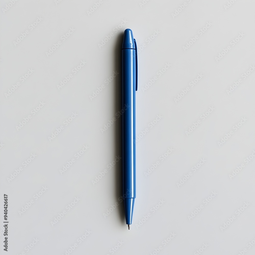 Poster minimal studio shot of a single blue pen lying flat at the center of a light colored surface creatin