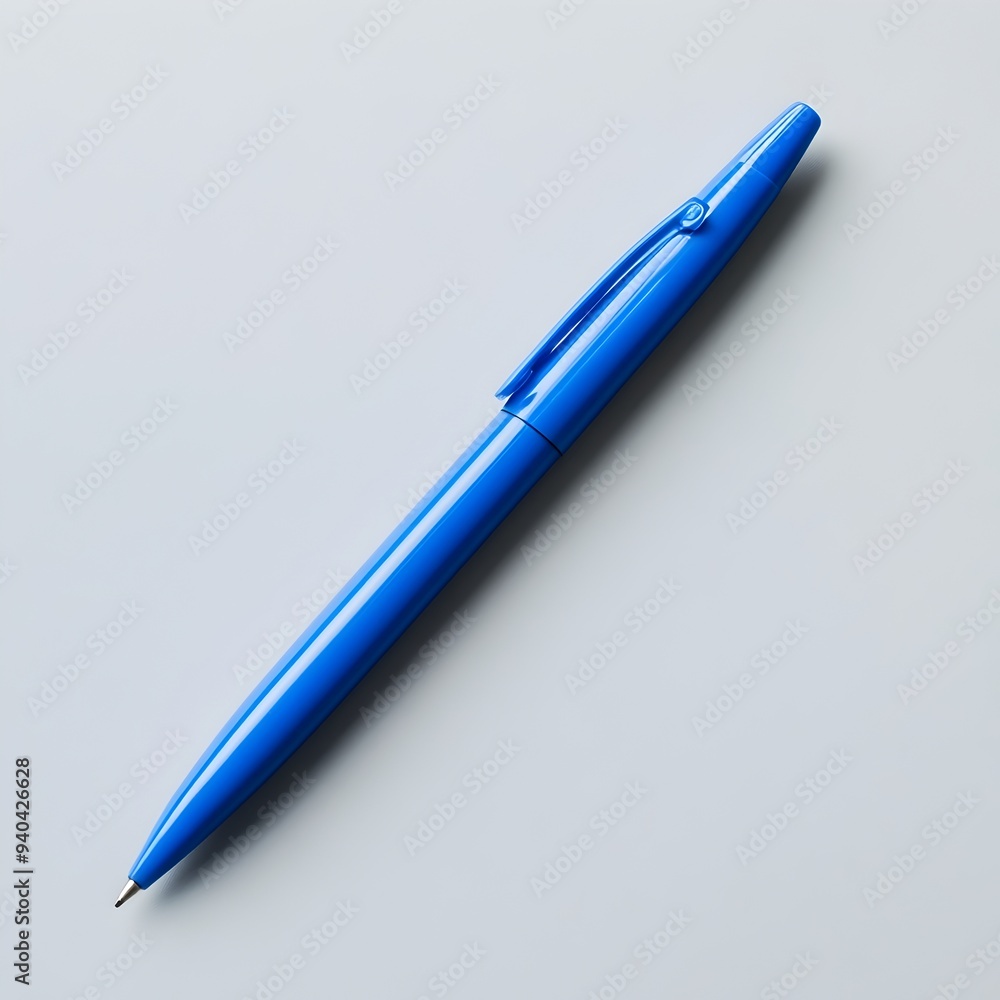 Poster a simple and elegant blue pen lying flat and centered on a light colored surface creating a minimali
