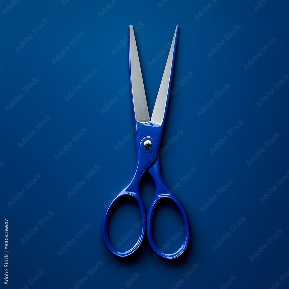 Poster minimalist blue pair of scissors placed centrally on a plain and simple background showcasing the to