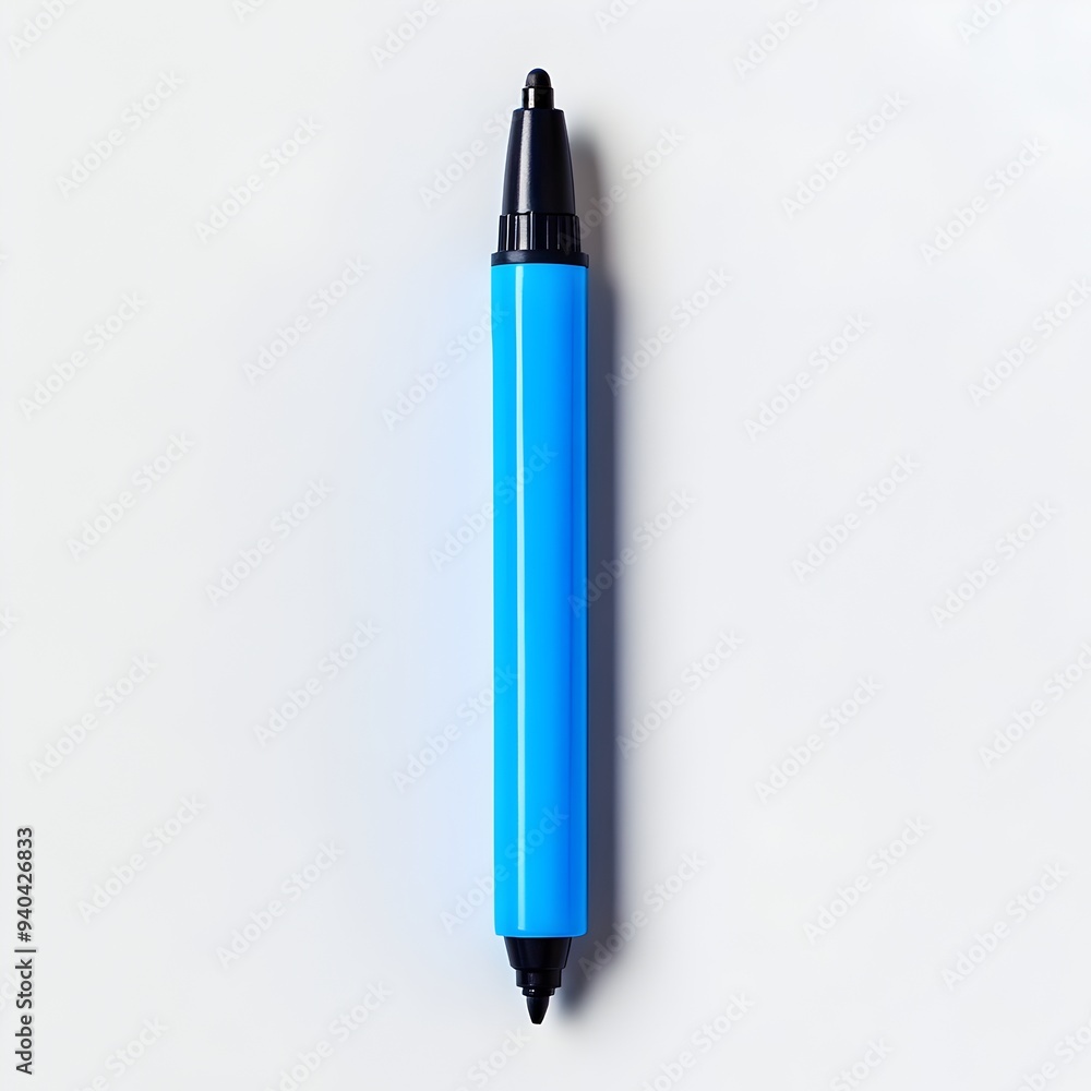 Poster a simple and minimalist image of a blue highlighter placed at the center of a clean white background