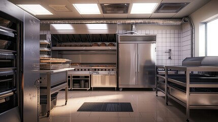 Professional bakery kitchen with stainless steel equipment. Commercial food industry concept.