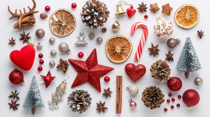 Fototapeta premium 4. Flatlay of Christmas decorations, white background, colorful ornaments, red star elf, candy canes, golden bells, dried orange slices, pinecones, miniature Christmas trees, red hearts, snowflakes,