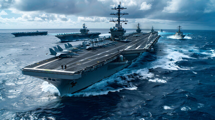 A powerful aircraft carrier group sails in tight formation across the ocean under cloudy skies, showcasing naval strength, military coordination, and maritime dominance.