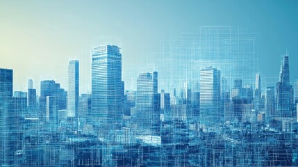 Obraz premium Futuristic cityscape with digital blueprints overlay