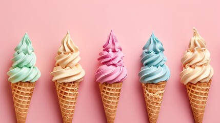 2. A row of five colorful ice cream cones, pastel background featuring pink strawberry, beige vanilla, peach, lavender, and turquoise flavors, waffle cones, soft serve style, minimalist composition,