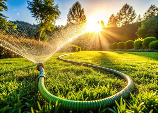Freshly laid sod lawn being watered with a gentle spray from a garden hose, lush green blades glistening with dew on a sunny morning landscape.