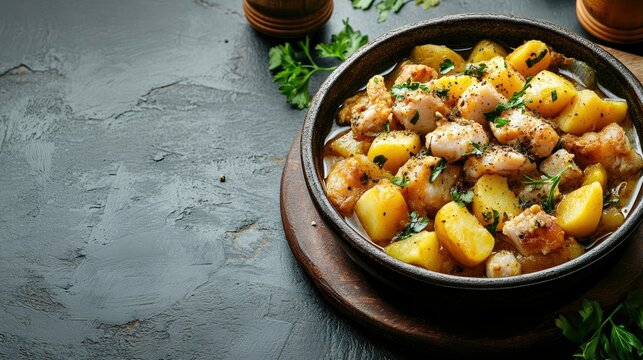 Top view of Portuguese bacalhau with potatoes, with ample copy space on a neutral background.