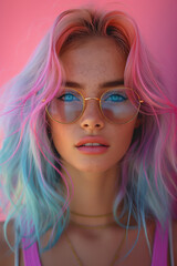 Fototapeta premium Beautiful girl with bright rainbow hair