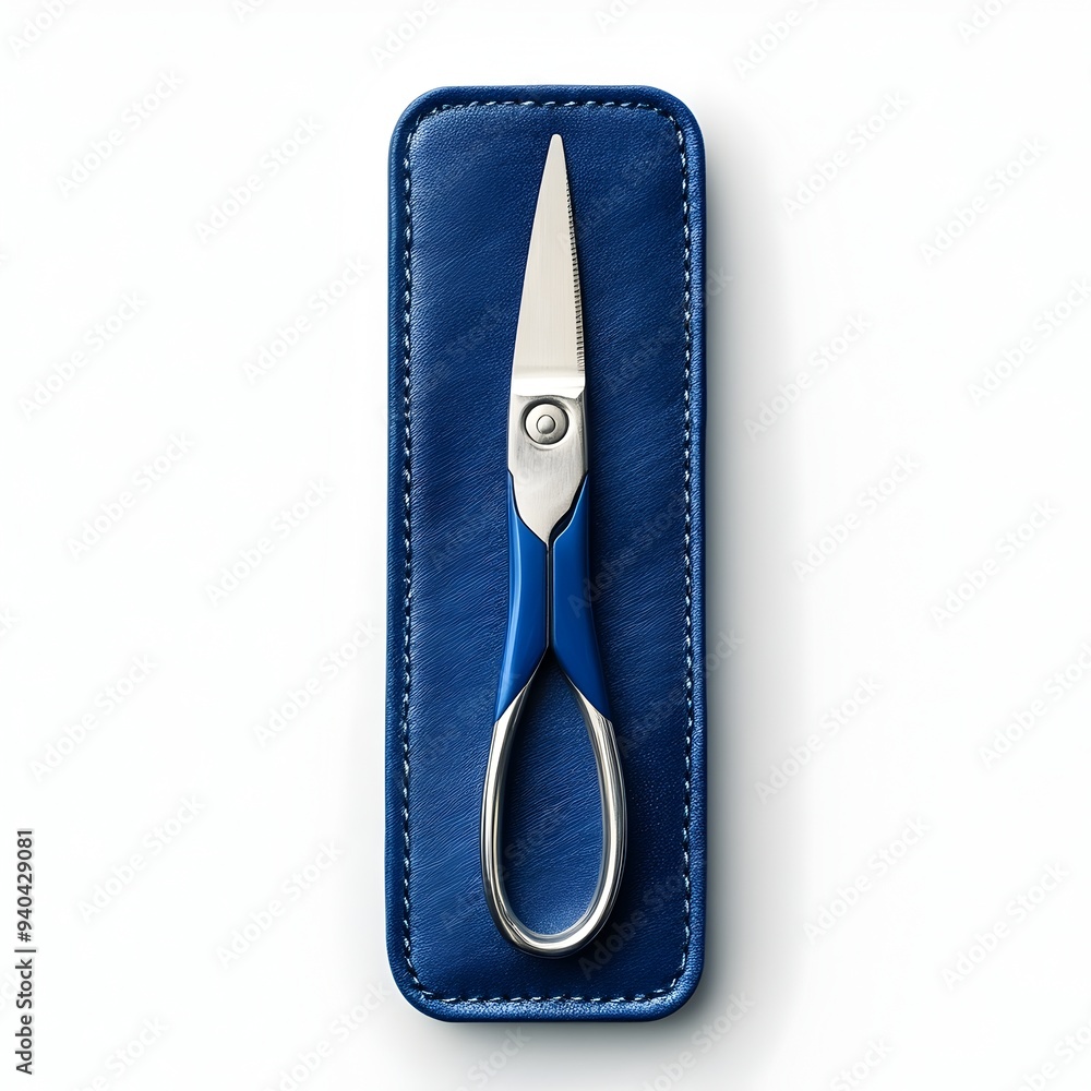 Poster a minimalist and elegant blue scissors case placed at the center of a clean white background highlig