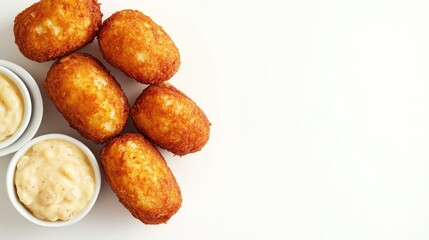 Top view of Spanish croquetas with aioli, with ample copy space on a clean white background.