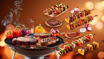 Traditional BBQ Cooking, Realistic Roasted Steaks and Kebab, Grilled Party Food Illustration





