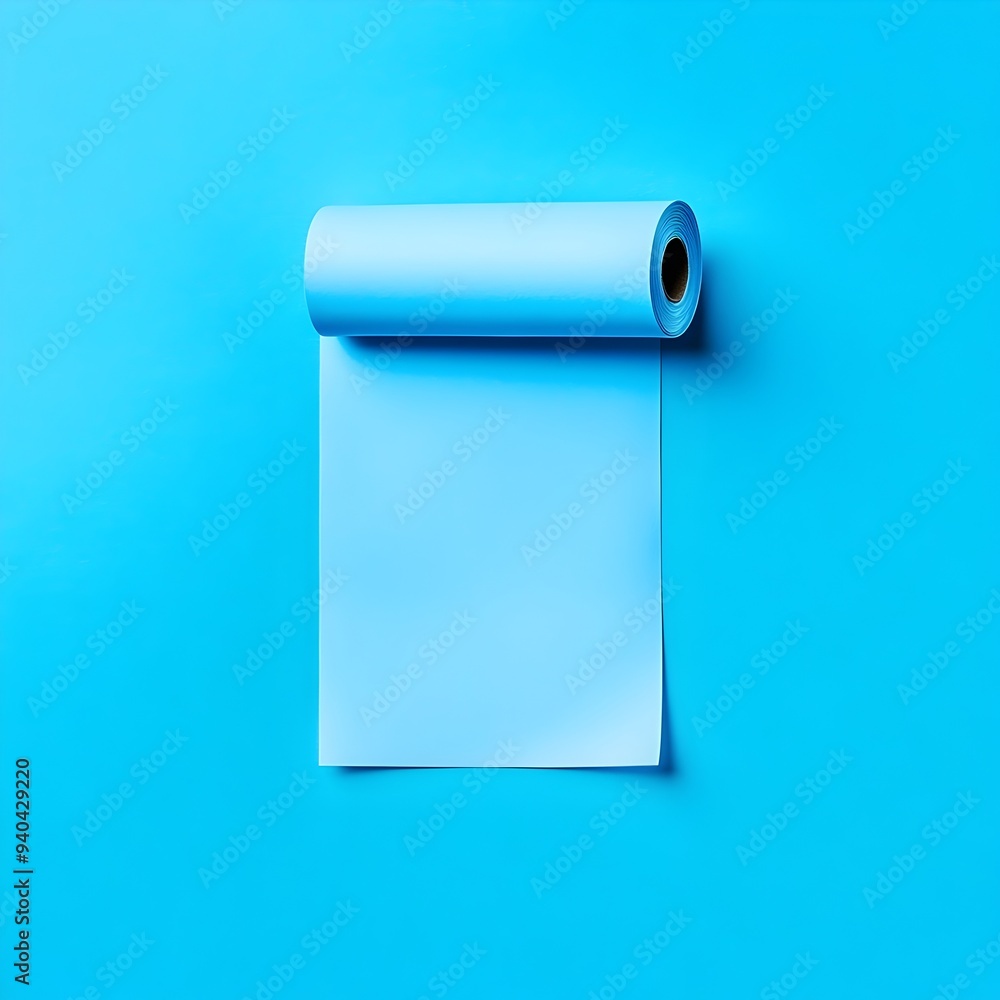 Poster a simple and minimalist image featuring a blue sticky note roll placed at the center of a plain isol