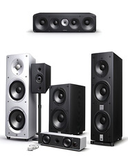 Obraz premium A loudspeakers or home theatre speaker for music and surround sound system placed in White background with copy space, sound system banner design