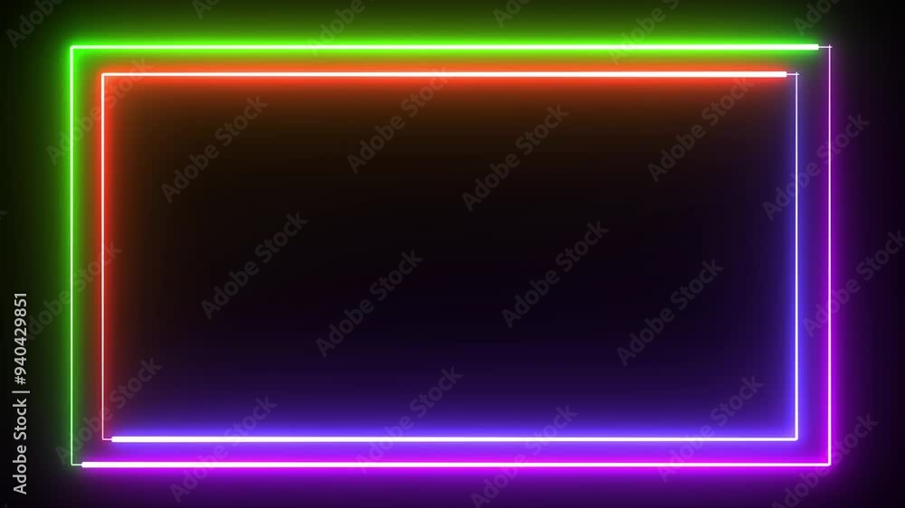 Poster bright neon multicolored effect rectangle frame loop background. glowing abstract rectangle border s