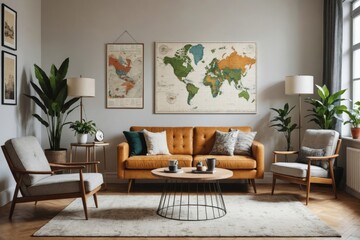 Modern retro concept of home interior with design sofa, armchair, coffee table, plants, mock up poster map, carpet and personal accessoreis