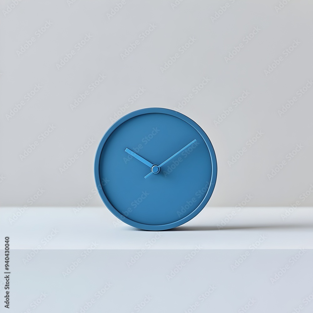Poster elegant and minimalist blue desk clock centered on a plain white background this simple yet sophisti