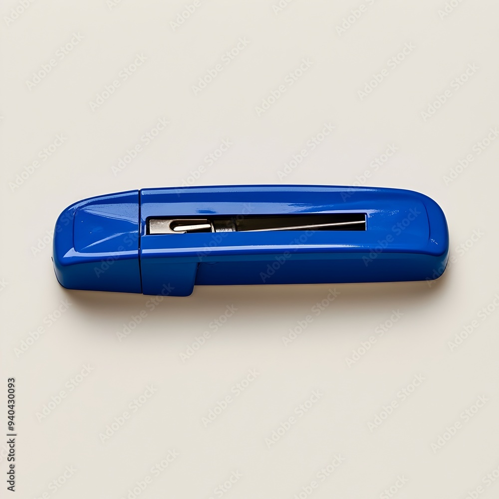 Aufkleber close up view of a blue stapler lying flat and centered on a light minimalist background the stapler
