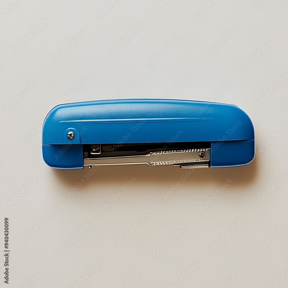 Poster closeup of a blue stapler lying flat at the center of a bright minimalist background the stapler is 