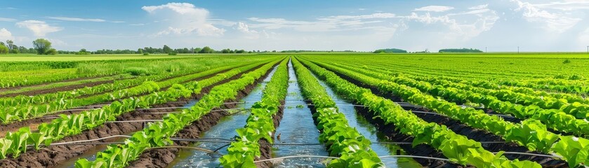 Scenic countryside with irrigation systems, water flowing, vibrant fields, Scenic countryside farming with irrigation, Sustainability