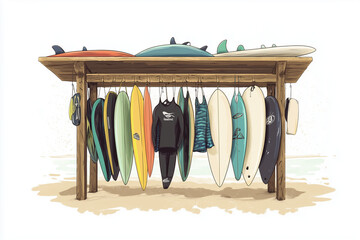 Surfboards, Wetsuits, and Beach Gear in a Wooden Rack for Beach Days
