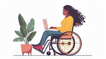 Young woman in a wheelchair working remotely from home, focused on laptop screen, in a modern and cozy living room, highlighting inclusivity, accessibility, and home office productivity concepts