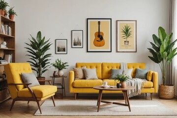 Vintage and cozy space of dining room with mock up poster frame, yellow sofa, wooden coffee table, guitar, plants, commode, decoration and personal accessories