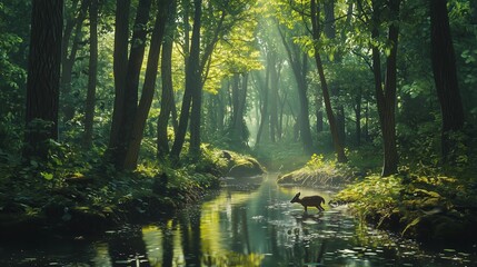 Obraz premium In a serene forest, sunlight filters through green leaves, a deer drinks by a glistening stream.