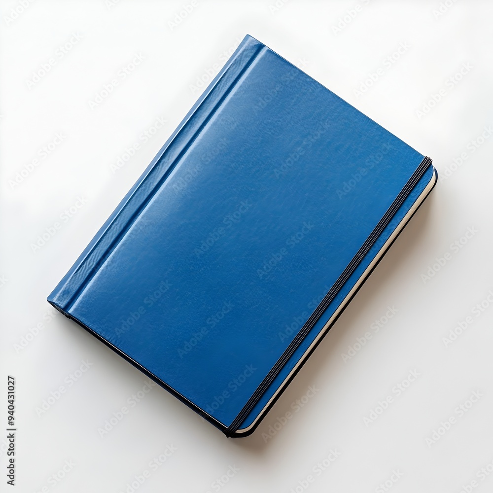 Poster flat lay image of a blue notebook lying centered on a plain white surface in a minimalist clean and 