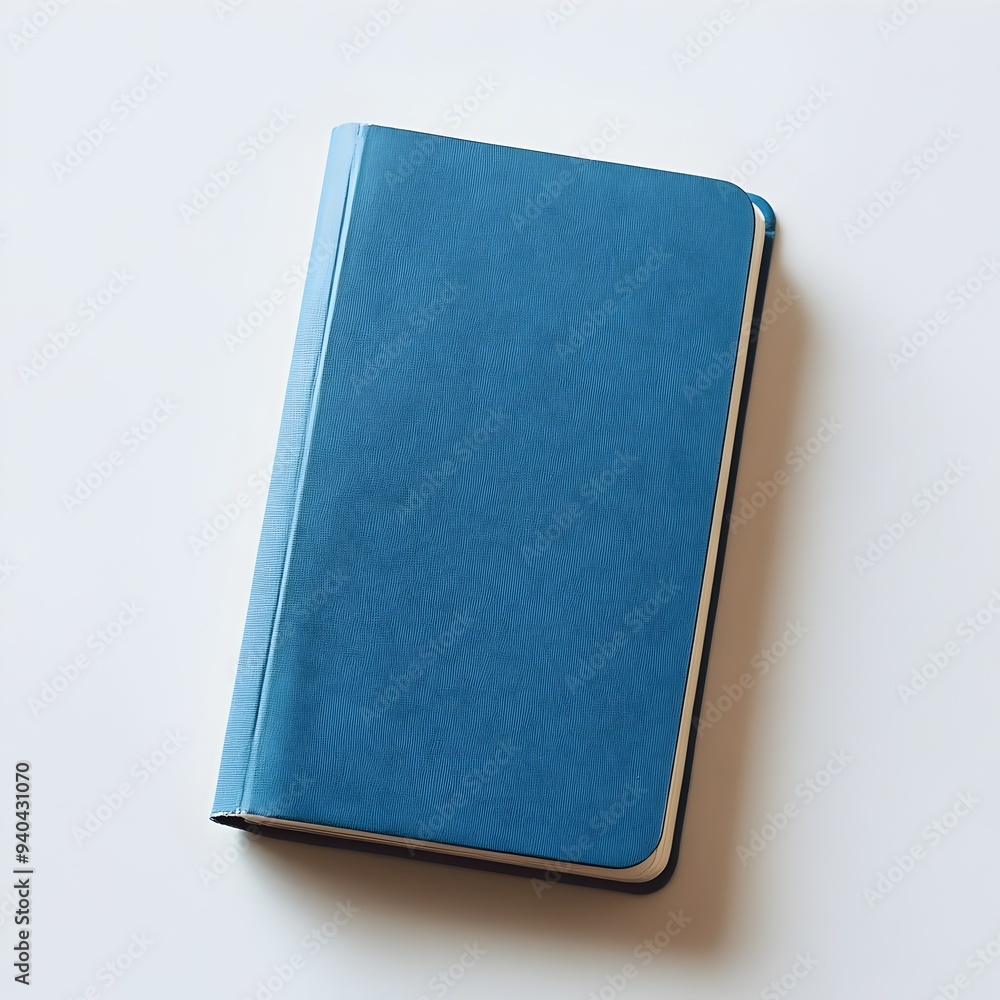 Poster a blue notebook lying flat at the center of a clean white surface creating a simple and minimalist c