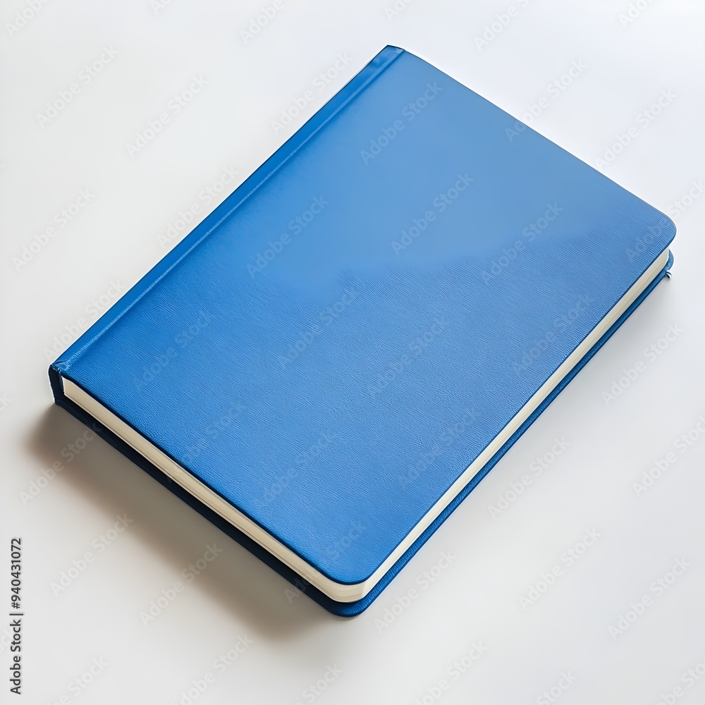 Poster minimalist flat lay of a blue notebook lying flat at the center of a clean white background simple a
