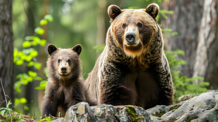 Fototapeta premium A brown bear and its cub standing on rocks in a forest. The pair are surrounded by greenery and trees, showcasing a serene and natural wildlife scene.