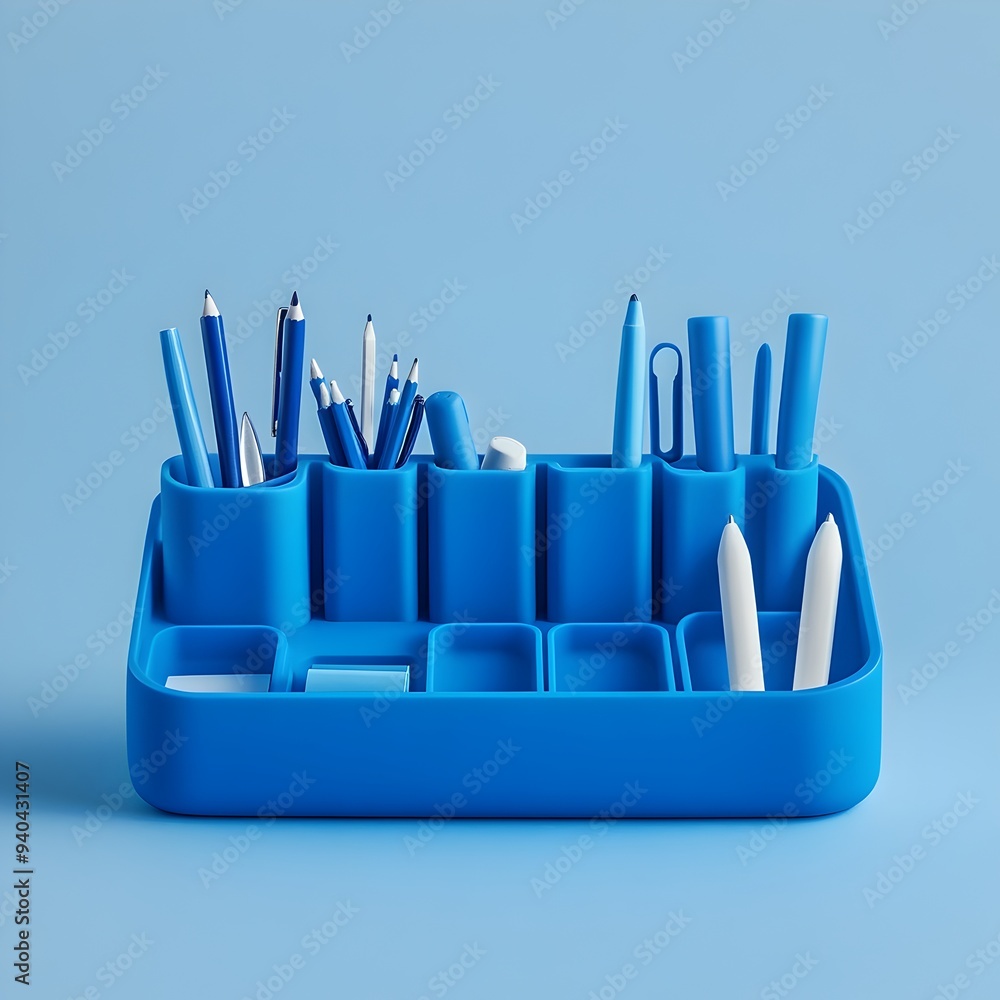 Poster neatly organized blue desk organizer placed at the center of a plain background showcasing its minim
